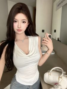 GUZILIAN | Korean Style Womens Sleeveless Vest Summer New Pure Desire Simple Versatile Outerwear Shirt Collar Free Size Small Audience