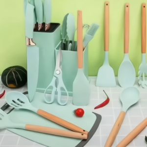 Silicone Kitchen Utensils Set 25PCS Spatula Set  Measuring Spoon Knife Set Non Stick Wooden Handle