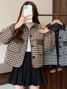 Classic Style Retro Short Outwear Womens Small Autumn and Winter Korean Style Chic Houndstooth Jacket Tops Fancy