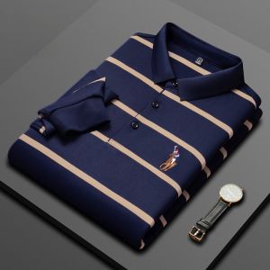 ROMON | Lormen Mens Long Sleeve Striped Polo Shirt Casual Embroidered Business Style With Collar T-Shirt Autumn Spring Fashion Top