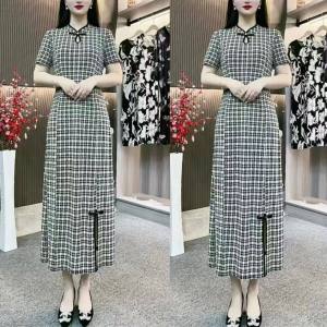 Women Dresses Cheongsam Retro Internet Celebrity Houndstooth Print New Version Fashion Short Sleeve Lady Checked A-line Dress Showing Slim