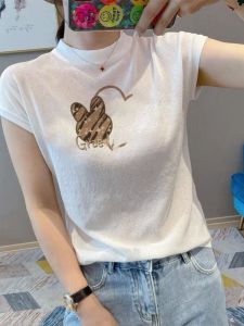 Cool Lightweight Ice Silk Short Sleeve T-Shirt Womens Summer Knitted Design Korean Style round Neck Print Casual Top