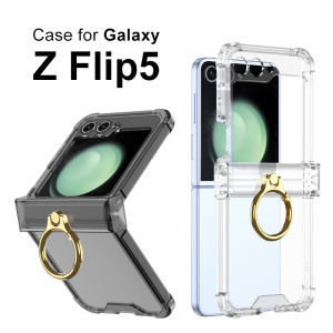 Four-Corner Air Cushion Z Flip 5 6 7FE Clear Anti-Drop Case Phone Cover Hinge Protection Samsung Galaxy Z Flip6 Casing PC+TPU Shockproof Durable Transparent Case with Ring Holder