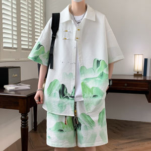 Ice Silk New Chinese Style National Style Suit Men Summer Short Sleeve Shirt Shorts Matching Casual Shirt Summer Set