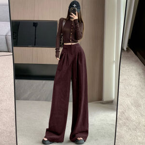 กางเกงขายาวทรงหลวมผ้าคอร์ดูรอยเอวสูงสำหรับผู้หญิง ฤดูใบไม้ร่วง/ฤดูหนาว ดีไซน์เก๋ไก๋ ดีเทลเชือกผูก กางเกงขายาวทรงตรง