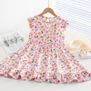 Cool Cotton Silk Girls Dress Summer Thin Artificial Cotton Floral Print Skirt Cake Skirt Style Fly Sleeve Childrens Clothes