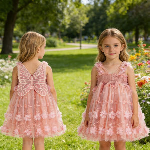 2026 New Toddler Baby Girl Summer Dress Sling Mesh Wings Sweet Baby Girl Childrens Clothes First Birthday Party Dress