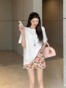 YUEZHONGWEI | White Round Neck Short Sleeve T-Shirt Women Summer Loose Slim Fit Half Sleeve Basic Style Mid-Length Top Korean Style Commute