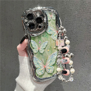Silver Plated Oil Painting Style Green Butterfly for Apple 15 Phone Case Iphone14/13 New Arrival 12mini Female 11Promax Fresh XR Stylish XS Max Creative 7/8plus All Inclusive