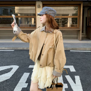 Khaki Striped Patchwork Short Style Womens Jacket Casual Fashion Outerwear Autumn New Arrival Single-Breasted Korean Version
