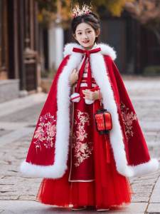 Girls Hanfu Winter Thickened Fleece Red Tang Suit Childrens Ancient Style Costume New Years Outfit Visit Clothes for Girls