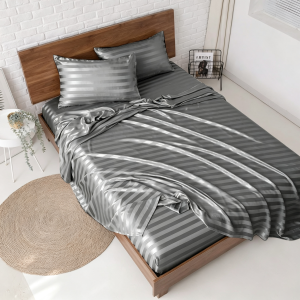 HOYAA Stripe Design 3 in 1 Silk Bedsheet Full Garterized with Pillowcase Smooth Cooling Satin Fitted Bed Sheets Set