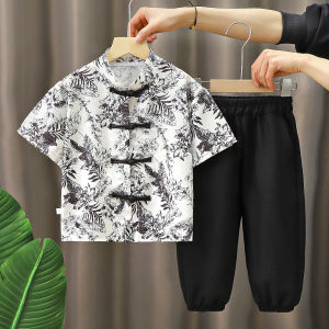 Barababa Summer New Style Boys Traditional Chinese Clothing Set Short Sleeve Seven-Piece Pants Cute Baby Hanfu Outfit