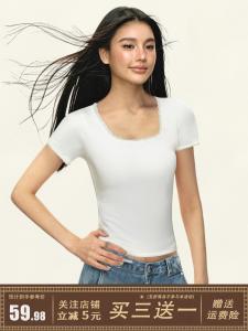 White Lace Short Sleeve T-Shirt Womens Summer Spring New Style Hot Girl U-Neck Design Korean Version Slim Fit Pure Color