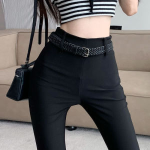 Black Horseshoe Suit Pants Womens Summer Thin Stylish High Waist Flared Pants Silm Stretch Draped Mop Trousers