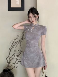 New Chinese Style National Trend Improved Cheongsam Dress Waist Inward Short Sleeve A-Line Mini Skirt Slimming Pleated Dress