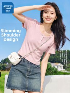 Jeanswest | Pink Womens T-Shirt Slim-Fit U-Neck Button