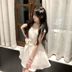 Unique Beautiful Butterfly Knot Waist Cinched Princess Dress Fashionable Summer Dress French Style Short Sleeve round Neck A-Line Skirt