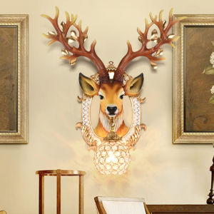Nordic Retro LED Wall Light Creative Deer Moulded Wall Lamp for Living Room Crystal Iron Lamp for Aisle Office Luxury and Good Luck