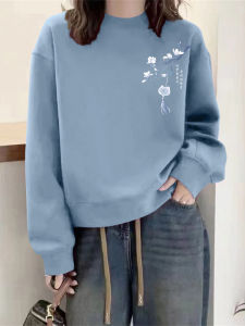 Blue Pure Cotton Sweatshirt Womens Loose Casual Thin Long Sleeve round Neck Short Style Versatile Spring Autumn New Arrival