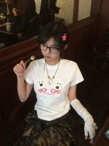 Áo Thun Cotton Cổ Tròn Tay Ngắn Thêu Hình Gấu Mùa Hè Đa Năng Cho Nữ Phong Cách Thường Ngày Thường Ngày