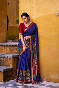 (PREORDER) polyester Viscose chanderi sarees work with Kalamkari border