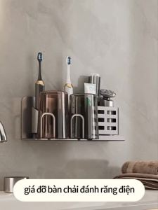 MEIDOO Phòng tắm sang trọng bàn chải đánh răng có giá đựng súng màu xám phòng tắm treo tường lưu trữ treo giá đựng bàn chải đánh răng