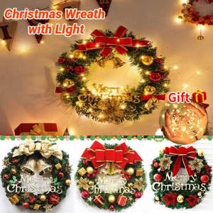 New Christmas Wreath with LIght Bow Bell Artificial Garland Door Hanging Xmas Party Decoration 30cm