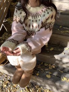 Soft Thickened Knitted Sweater Womens Spring Autumn Winter Nordic Retro Lazy Style round Neck Long Sleeve Warm Thermal Top