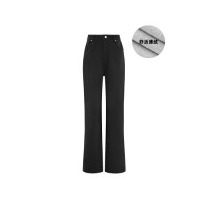 MeiYang Straight Leg Pants Fleece Lined Casual Hyaluronic Acid Ginger Bead Long Trousers High Waist Zipper Pocket Nylon Fiber