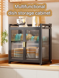 LivinEase Dish Cabinet Kitchen 3Tier White Kitchen Organizer Black Dish Drainer Magnetic Enclosed Dish Cabinet