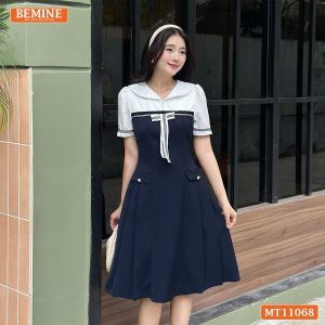 Đầm thiết kế BEMINE cổ thủy thủ đính nơ có viền dáng chữ A phù hợp đi làm-MT11068