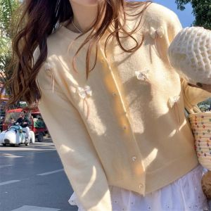 Bows Spring and Autumn Sweet Cute round Neck Sweater Outwear Cardigan Female Stylish Niche Style Knitwear Tops
