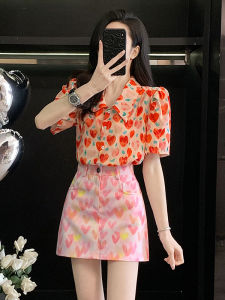 SUYE | Heart Print Fashionable Womens Set Short Sleeve Shirt High Waist Skirt