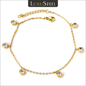 LUXUSTEEL Stainless Steel Anklets for Women Gold Plated Round CZ Crystal Rhinestone Charm Allergy Free Foot Chain Beach Jewelry