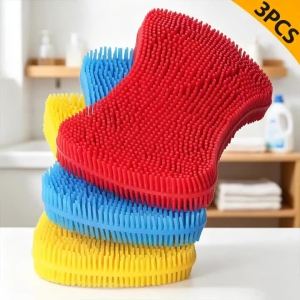 3Pcs Silicone Dish Washing Scrubber Double Sided Food Grade Sponge Brush Scouring Pad Kitchen Cleaning Tool for Pots Pans Fruits