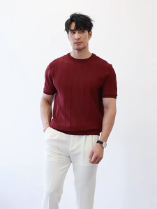 Korean Mens Striped Round Neck Knitwear Short Sleeve Casual Top