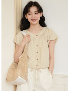 puella | French Style Simple Sweet Petite Girl Puff Sleeve Tied Short Sleeve Top