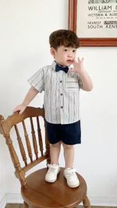 BE125 Bộ sơ mi kẻ quần đùi công tử BERNIE quần áo bé trai đi chơi đi tiệc kèm nơ