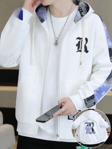 ROMON | Romon Mens Zipper Hoodie Cardigan Spring Autumn New Style Youth Fashion Print Casual Sporty Loose Fit Antibacterial Polyester Fiber