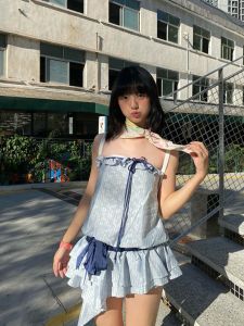 Elegant Stripe Wrap Short Skirt Womens Summer Fashionable Sweet And Spicy Tie-Belted Tube Top Commute Style Asymmetrical Hem