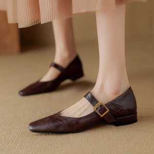 Soft Leather Retro Style Flat Bottom Casual Shoes Spring Autumn New Small Square Head Low Heel Mary Jane Womens Shoes
