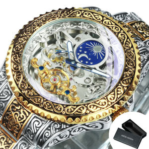 T-WINNER | WINNER Moon Phase Tourbillon Skeleton Automatic Mechanical Watch for Men Luminous Hands Stainless Steel Strap Retro Mens Watches