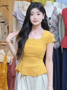 YUEZHONGWEI | Summer 2025 Yellow Ice Silk Knitted Short Sleeve T-Shirt Womens Slim Fit With Waist Tying Design Commute Style Korean Version