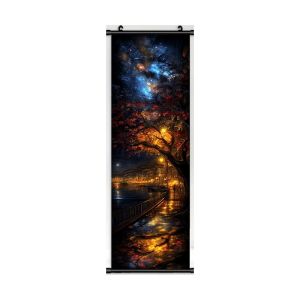 VIKAMA Night Maple Starlight Wall Tapestry Water Reflection City Lights Dreamy Scroll Art Home Decor Rustic Charm Soft Durable
