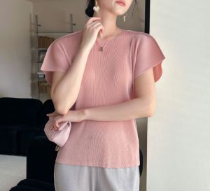 Miyake เสื้อเสื้อยืดคอกลมลำลองริ้วรอยระดับไฮเอนด์เสื้อยืดจับจีบ #9117