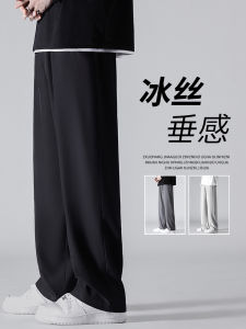 Ice Silk Mens Summer Thin Straight Leg Drapey West Pants Quick Dry Sport Casual Long Trousers Loose Fit Low Waist Long Pants