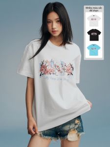 MEDM | Cherry Blossom Embroidered Letter Print Casual T-Shirt Short Sleeve