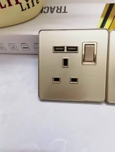 Gold UK Tempered Glass USB Socket Plug18W Type-C Fast Charging Universal 3pin Dual Power OutletWall LED 2way Light Switch