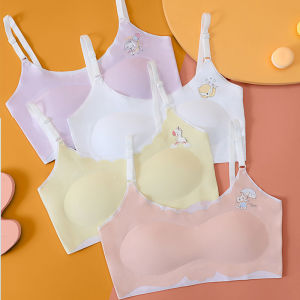 KUCHAR Puberty Girls Underwear Wireless Seamless Ice Silk Cartoon Printed Removable Chest Pads Training Bra for Girls Students